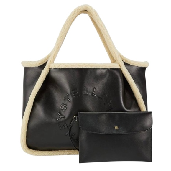 Stella McCartney Handbags - Stella McCartney Faux Leather Faux Shearling Trim Large Logo Tote Bag W/Pouch